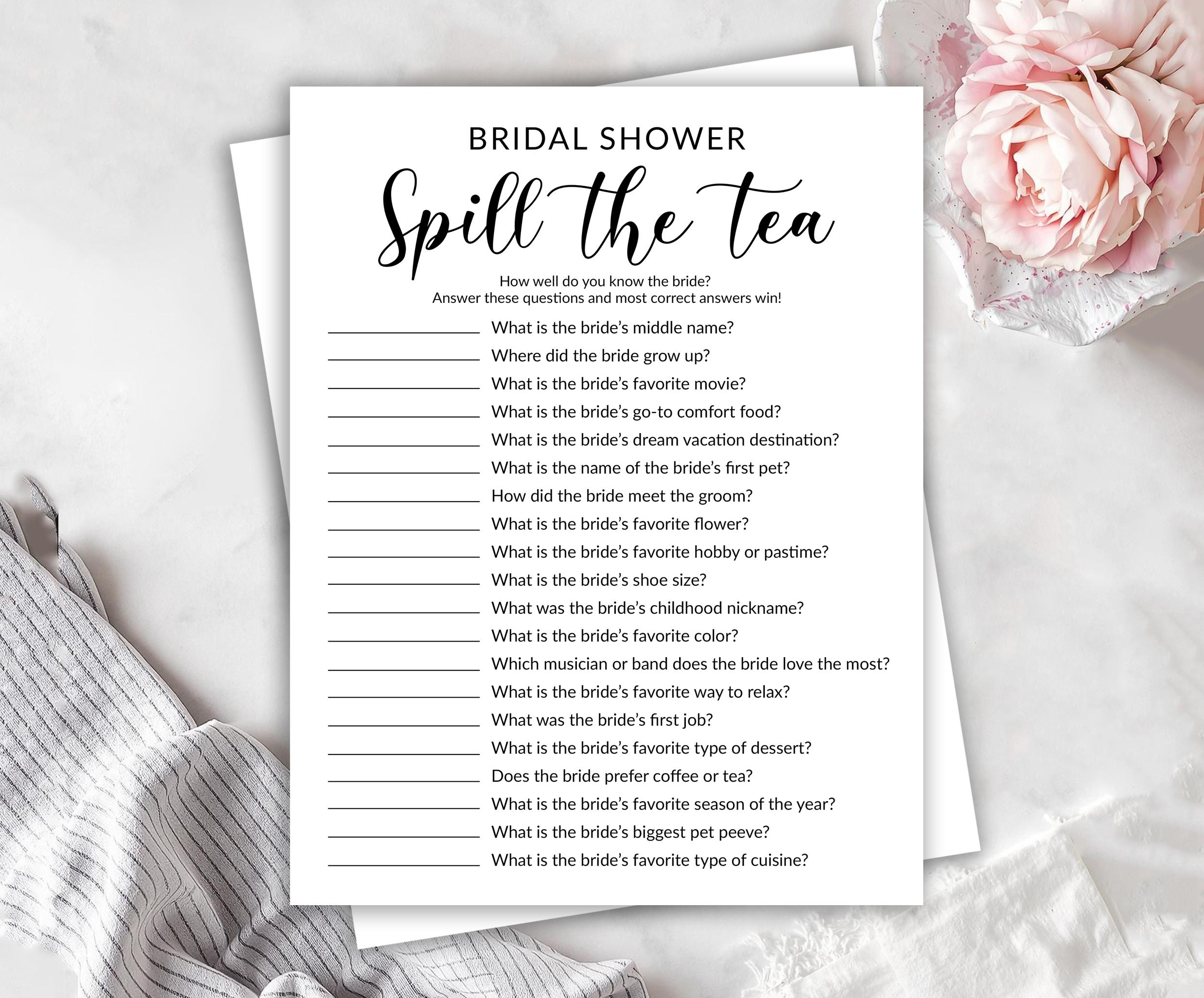 Bridal Shower Spill the Tea Game Printable, Fun Wedding Game, Bachelorette Tea Party Activity, Bridal Game for Guests, Instant Download