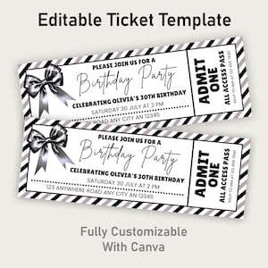 May include: Two birthday party ticket templates with a black and white striped border. Each ticket features a silver bow, the text "Birthday Party", and "Admit One". The tickets are for Olivia's 30th birthday.