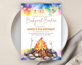 Lagerfeuer Geburtstagseinladung, Lagerfeuer im Hinterhof, druckbare DIY Smore Party, Kindergeburtstagsfeier einladen, Herbstparty, Grillparty, Party im Freien
