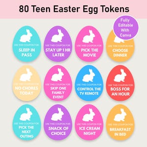 Puede incluir: Fichas de huevos de Pascua coloridas con texto como "Sleep In Pass" y "Boss For An Hour". Cada huevo tiene un gráfico de conejo blanco. El texto "80 Teen Easter Egg Tokens" está en la parte superior. Totalmente editable con Canva.