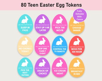 80 modelli modificabili di gettoni per riempire le uova di Pasqua per adolescenti, coupon stampabili per il giorno di Pasqua, premi per la caccia alle uova, giovani, riempitivi per cestini, download immediato