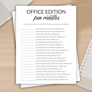 Office Riddles Printable, Fun Office Team Building Game Activity, Icebreaker for Co Workers, Workplace Party, Fun Games, Instant Download