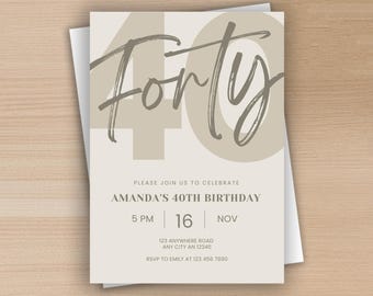 Invitación de 40 cumpleaños, imprimible, minimalista, moderna, editable, para fiesta de cumpleaños, 40 años