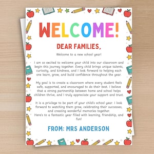 May include: A white letterhead featuring the text WELCOME! DEAR FAMILIES, and a message from Mrs. Anderson. The border is decorated with colorful illustrations of red apples, yellow pencils, blue books, and yellow stars on a white background.