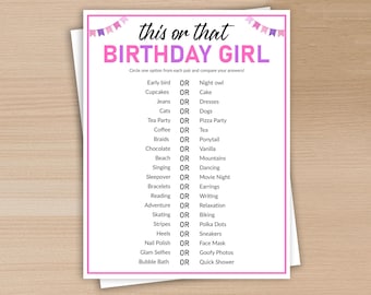 Juego imprimible de "Esto o aquello" para cumpleañeras, juego de cumpleaños, fiesta de cumpleaños para niñas, actividad para fiestas, rompehielos, descarga instantánea
