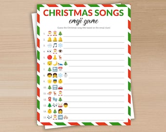 Puede incluir: Una hoja de juego imprimible de "Christmas Songs" con emojis, con un borde a rayas rojas, verdes y blancas. El título "CHRISTMAS SONGS emoji game" está en la parte superior. El juego incluye pistas de emojis para adivinar títulos de canciones.