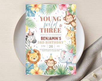 Young Wild and Three Birthday Invitation, Party Printable, Editable 3rd Birthday Party, Safari Theme, Jungle Animals, Digital Download
