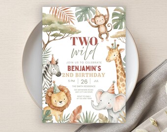 Two Wild Birthday Invitation, Party Printable, Editable 2nd Birthday Party Invite, Safari Theme, Jungle Animals, Digital Download