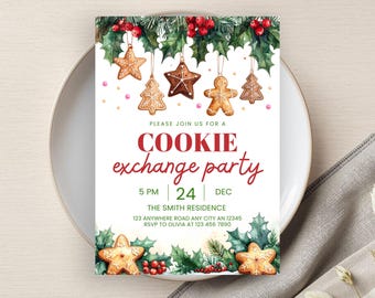 May include: A festive invitation for a cookie exchange party. The design features watercolor illustrations of gingerbread cookies, holly, and berries. The text reads "COOKIE exchange party" with the date and time.