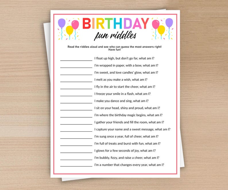 Birthday Riddles Game Printable, Birthday Game, Birthday Party, Party ...