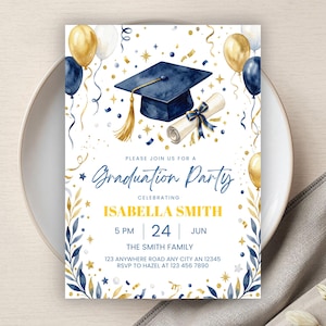 May include: Graduation party invitation with watercolor illustrations. Features a navy blue graduation cap, diploma, and balloons in gold and navy blue. Text includes "Graduation Party" and event details.