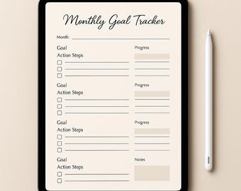 May include: A digital monthly goal tracker on a tablet screen. The tracker has sections for goals, action steps, progress, and notes.