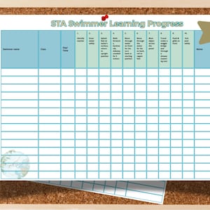 May include: A printable STA swimmer learning progress chart with a blue and green color scheme. The chart has columns for swimmer name, class, day/time, and 10 different swimming skills. There is a gold star with the number 1 in the top right corner.