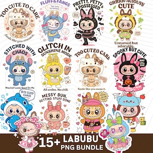 Pacote de Cliparts PNG de Monstro Kawaii Labubu | Download Digital de Labubu Fofo | PNG SVG de Labubu para Cricut, Sublimação, Adesivos e Artesanato