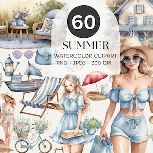 Watercolor Beach Clipart Bundle: Coastal Summer Graphics (PNG, Commercial Use