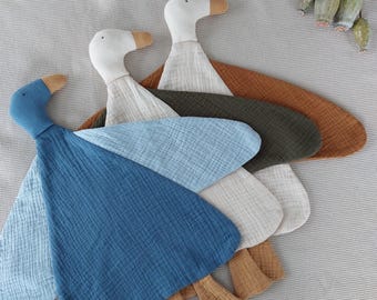 Personalisierte Gans Musselin Baby Schmusetuch, Bio-Baumwolle Lovey Tuch, Geschenk für Baby Jungen, Geschenk zur Taufe