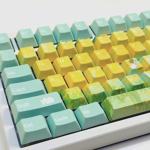 Può includere: Primo piano di una tastiera meccanica con tasti personalizzati. I tasti presentano una sfumatura di colori, che va dall'azzurro al giallo e al verde. Alcuni tasti hanno disegni floreali.