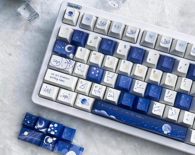 Featured listing image: Celestial Blue Keycap Set: Cherry Profile, PBT, Starry Sky Galaxy Themed Keycaps