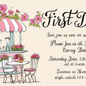 Chic & Fun Illustrierte Einladungskarte ""Erstes Datum"" - romantisches Vintage Café Design."