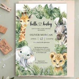 Invitation baby shower safari dans la jungle tropicale pour garçon - Ensemble PSD modifiable avec animaux, tombola de couches, demande de livre et cartes de remerciement