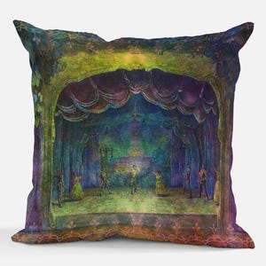 May include: A colorful throw pillow featuring a vintage illustration of a stage with actors performing. The stage is decorated with curtains and a backdrop of trees. The pillow has a faded, distressed look, giving it a vintage feel.