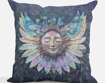 Celestial Sun Face Pillow Mixed Media Cosmic Winged Star Throw Pillow Ethereal Boho Decor Gift for Astrology Lovers