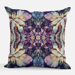 Vintage Velvet-Style Floral Pillow Cover with Kaleidoscope Pattern in Moody Plum Lilac and Teal for Eclectic Cottagecore or Chateaucore