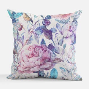 Pastel Floral Moroccan Border Pillow Pink Aqua Watercolor Vintage Style Decorative Throw Cushion Cottagecore Home Decor