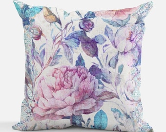 Floral Peony Throw Pillow: Pink, Aqua, Vintage Style