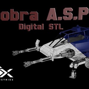 Può includere: Un modello digitale 3D di un veicolo Cobra A.S.P. con una sezione posteriore blu e una sezione anteriore in wireframe bianco dotata di due cannoni. Il testo Cobra A.S.P. Digital STL e il logo GX Industries sono visibili sullo sfondo nero.