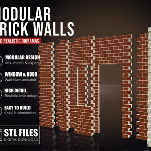 May include: Modular brick wall sections with a realistic brick design. The image shows various wall segments, including a section with a door opening. The text on the image says "Modular Brick Walls" and "STL Files Digital Download".
