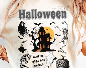 Vintage Halloween PNG,Haunted House Skeleton Pumpkin Design,Retro Spooky Sublimation  Digital Download