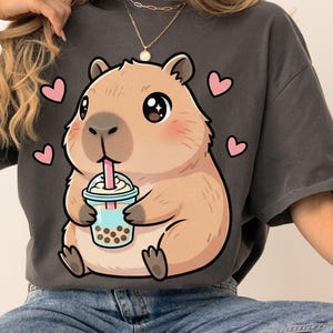 Capybara Bubble Tea PNG: Kawaii Anime T-Shirt Design, Sublimation Digital Download