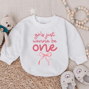 Girls Just Wanna Be One Bubble Romper, Bow First Birthday Shirt, 1st Birthday Party, Pink bow One birthday Girl outfit,  Birthday Girl Shirt