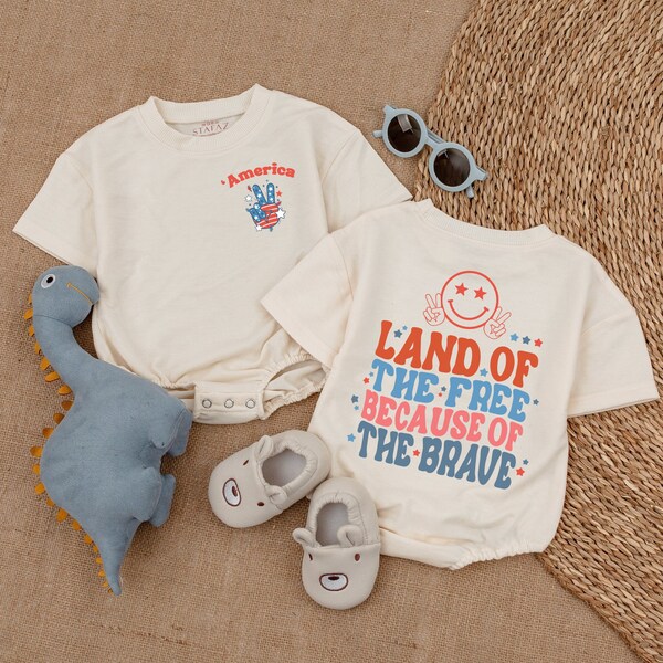 Land Of The Free Because Of The Brave Bubble Romper- Retro 4th of July Baby Boy Clothes-Patriotic Bodysuit-Baby bodysuit- Newborn Outfit