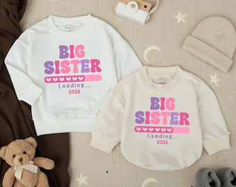 Big Sister Loading Toddler Sweatshirt, Promoted To Big Sister Outfit, Girl Bubble Romper, Pregnancy Reveal, Sibling Announcement Gift