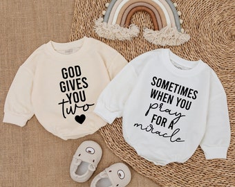 Twins Baby God Gives You Two, Pregnancy Announcement Brother Baby Romper Outfit Clothes Christian Gifts, Bubble Romper, Sweatshirt Romper