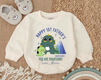 Happy 1st Father's Day Baby Romper, Daddysaurus Dinosaur Father's Day Bodysuit, Gift For Newborn, Personalized 1st Fathers Day,Dad Son Shirt