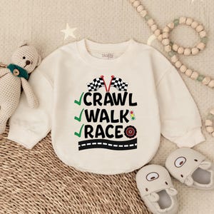 Crawl Walk Race Baby Bubble Bodysuit, Funny Race Car Romper, Baby Boy Racing Outfit, Race Fan Baby Shower Gift, Newborn Race Theme Clothes
