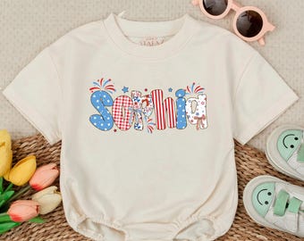 Custom Name 4th of July Baby Bubble Romper, Personalized Red White Blue Short Sleeve Outfit, USA Independence Day Clothes, Toddler Gift Idea