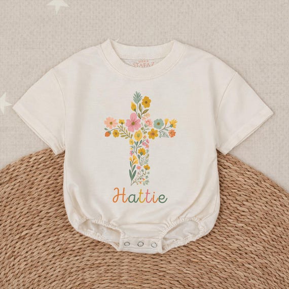 Baby Girl Christian Clothes For Church, Personalized Floral Cross Bubble Romper For Daughter