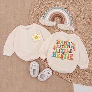 Mama&#39;s Expensive Little Bestie Bodysuit - Cute Retro  Romper - Mom&#39;s Bestie - Oversized Romper - Mama&#39;s Bestie Outfit