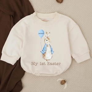 Personalized Baby Boy Blue Easter Romper, 1st Easter Bubble Bodysuit, Monogrammed Baby Outfit, Easter Day Gift for Baby Boy