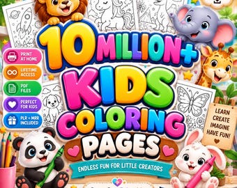May include: A digital collection of 10 million plus kids colouring pages featuring cartoon animals like a lion, elephant, giraffe, panda, and rabbit. The graphic includes text such as 10 MILLION+ KIDS COLOURING PAGES, INSTANT DOWNLOAD, and StoryGemPrintables.