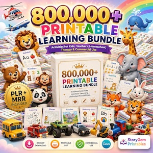 May include: A digital product bundle featuring the text 800,000+ PRINTABLE LEARNING BUNDLE, surrounded by cartoon animals including a lion, giraffe, elephant, and panda, plus toy vehicles like a school bus, fire truck, and train.