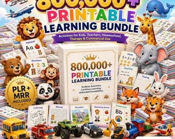 Puede incluir: Un paquete de productos digitales con el texto 800,000+ PRINTABLE LEARNING BUNDLE, rodeado de animales de dibujos animados como un león, jirafa, elefante y panda, además de vehículos de juguete como un autobús escolar y un tren.