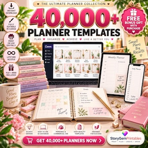 Könnte beinhalten: Eine digitale Sammlung von 40.000+ Planer-Vorlagen mit Laptop, Tablet, Smartphone und einem offenen Notizbuch mit Monatszielen. Enthält Text wie The Ultimate Planner Collection, Plan Organize Achieve und StoryGem Printables.