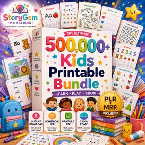 Op de afbeelding: Een grote witte doos met het label 500,000+ Kids Printable Bundle, omringd door diverse educatieve werkbladen, flashcards, een blauwe rugzak en kleurrijke boeken. De doos bevat illustraties van vier kinderen en tekst zoals Learn, Play, Grow, PLR en MRR.