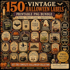 Puede incluir: Una colección digital de 150 etiquetas de Halloween vintage en un paquete de archivos PNG imprimibles. El gráfico presenta varias etiquetas ornamentadas, rectangulares y ovaladas con ilustraciones de calabazas, fantasmas, gatos, murciélagos y esqueletos, además de texto.