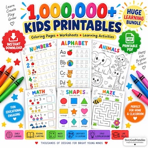Può includere: Un pacchetto digitale di oltre 1.000.000 di stampabili per bambini con pagine da colorare, schede didattiche e attività di apprendimento. Include fogli su numeri, alfabeto, animali, matematica, forme e labirinti, circondati da pastelli e stelle.